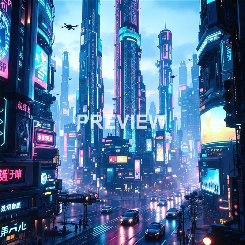 A futuristic cityscape with towering skyscrapers covered in neon lights and digital billboards, with flying vehicles and wet streets reflecting the vibrant colors.